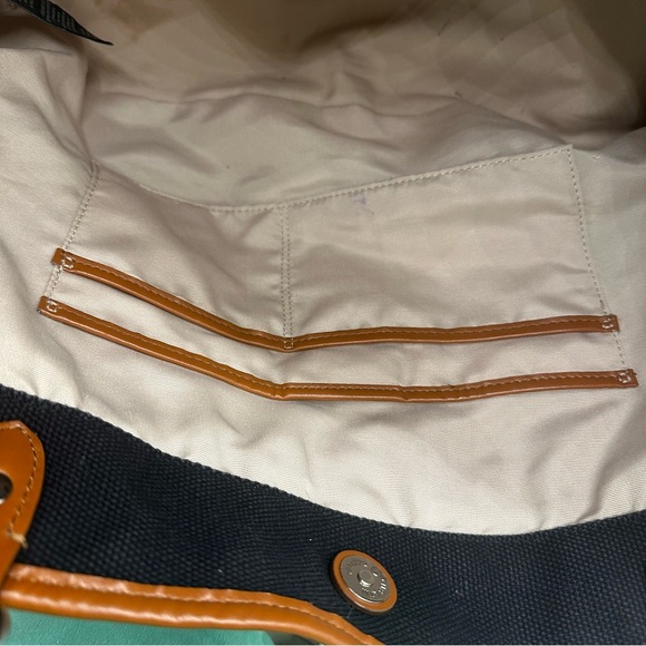 Lauren Ralph Lauren Black White Striped Canvas Tote Bag, Tan Base, Leather Trim - Picture 13 of 13